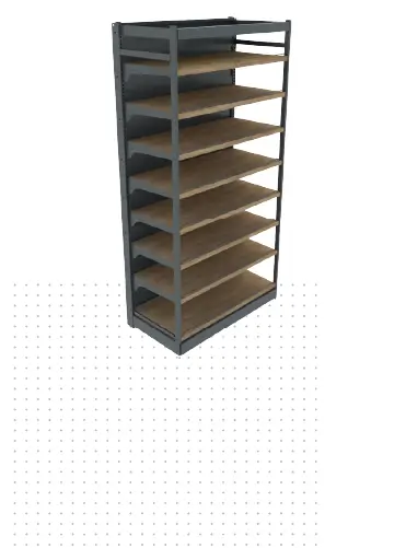 Configuración mural de góndola Bazar Pro con estantes de madera