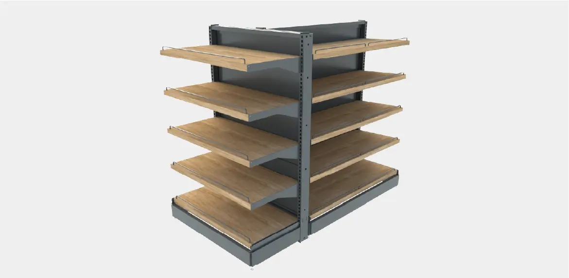 Góndola Bazar Pro Moduace con estantes de madera y estructura metálica vista general