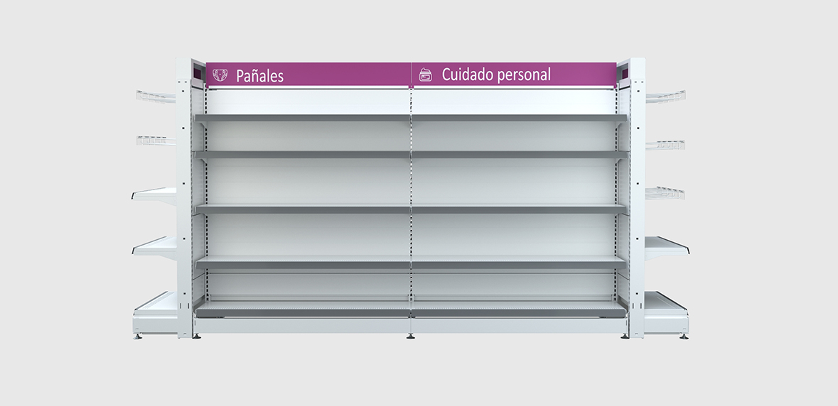 Imagen de góndola de perfumería línea beauty central puntera sin productos, vista frontal