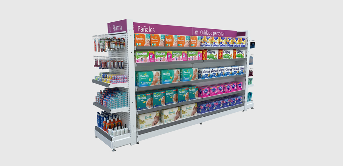 Foto de góndola de perfumería central puntera con productos, perspectiva axonométrica