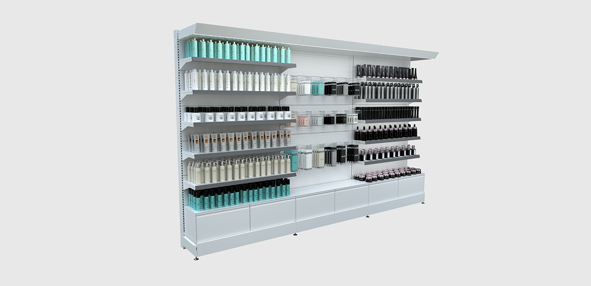Foto de góndola de perfumería línea beauty mural con producto, perspectiva axonométrica.