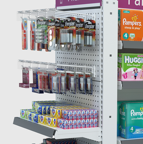 Foto de góndola de perfumería central con productos, perspectiva axonométrica de detalle