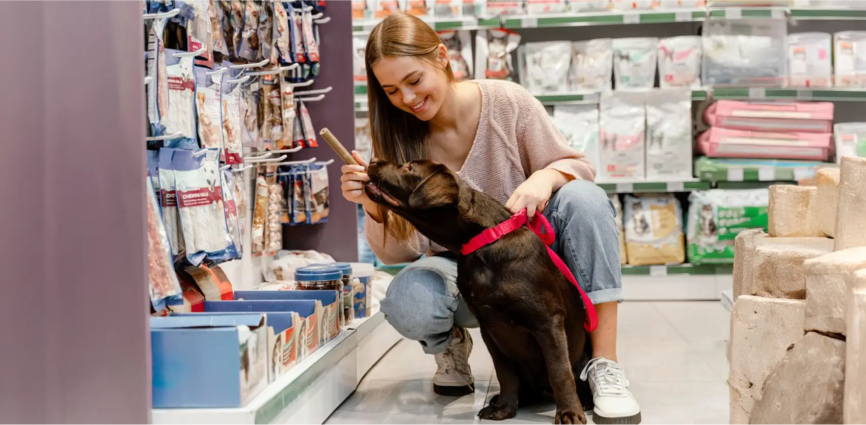 Mascota frente a exhibidor de golosina para perros