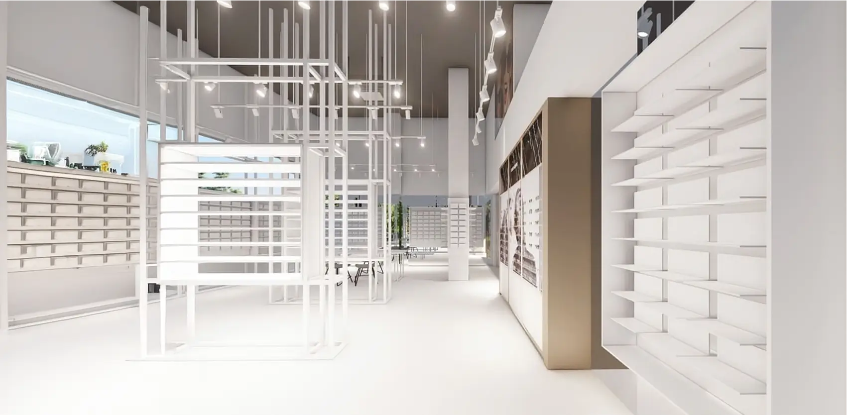 Espacio comercial con góndolas y estanterías blancas modernas para exhibición de productos en tienda