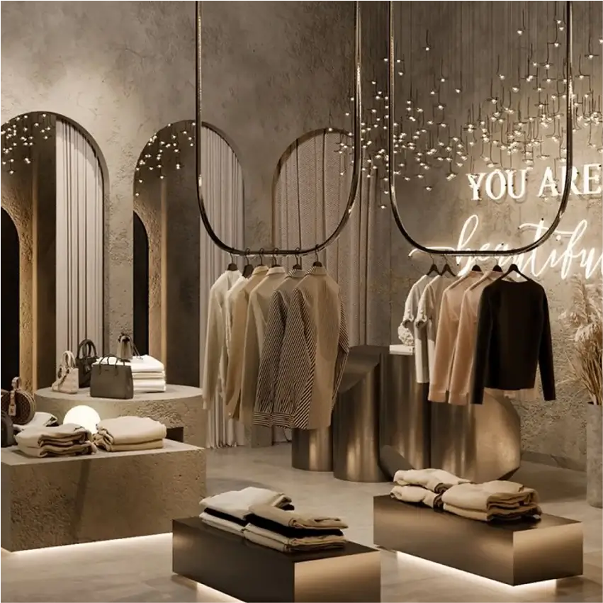 Espacio comercial con góndolas y estanterías blancas modernas para exhibición de productos en tienda