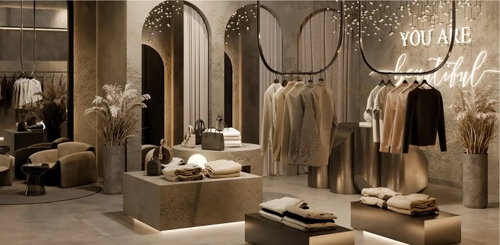 Showroom de moda con equipamientos comerciales, percheros modernos, estanterías y mobiliario de exhibición minimalista