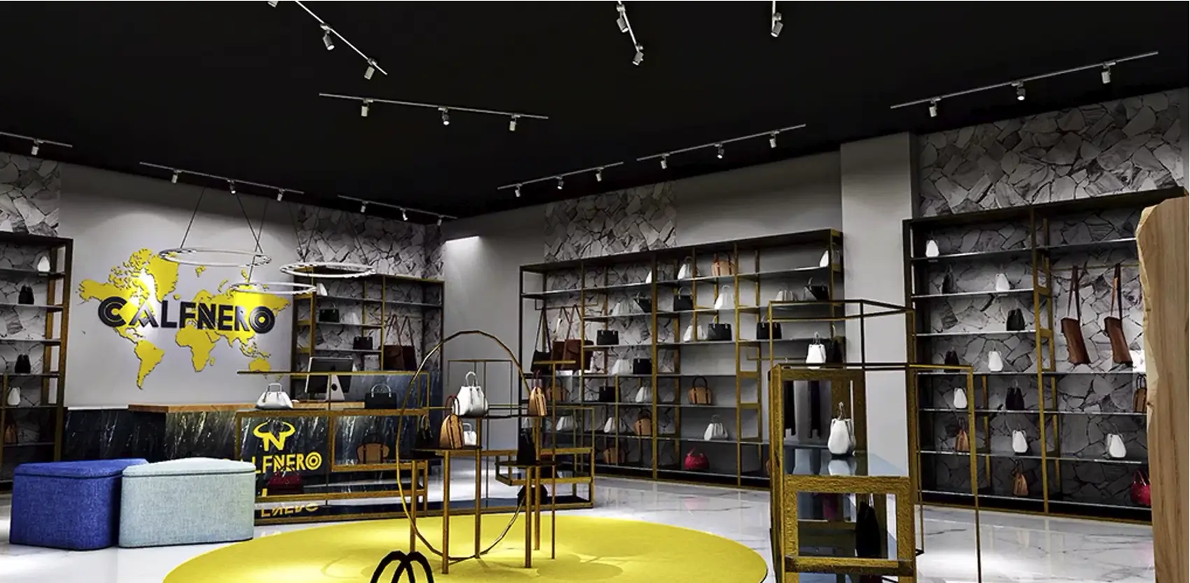 Foto de local con equipamientos tipo góndolas, estanterías metálicas y mobiliario de exhibición de marca