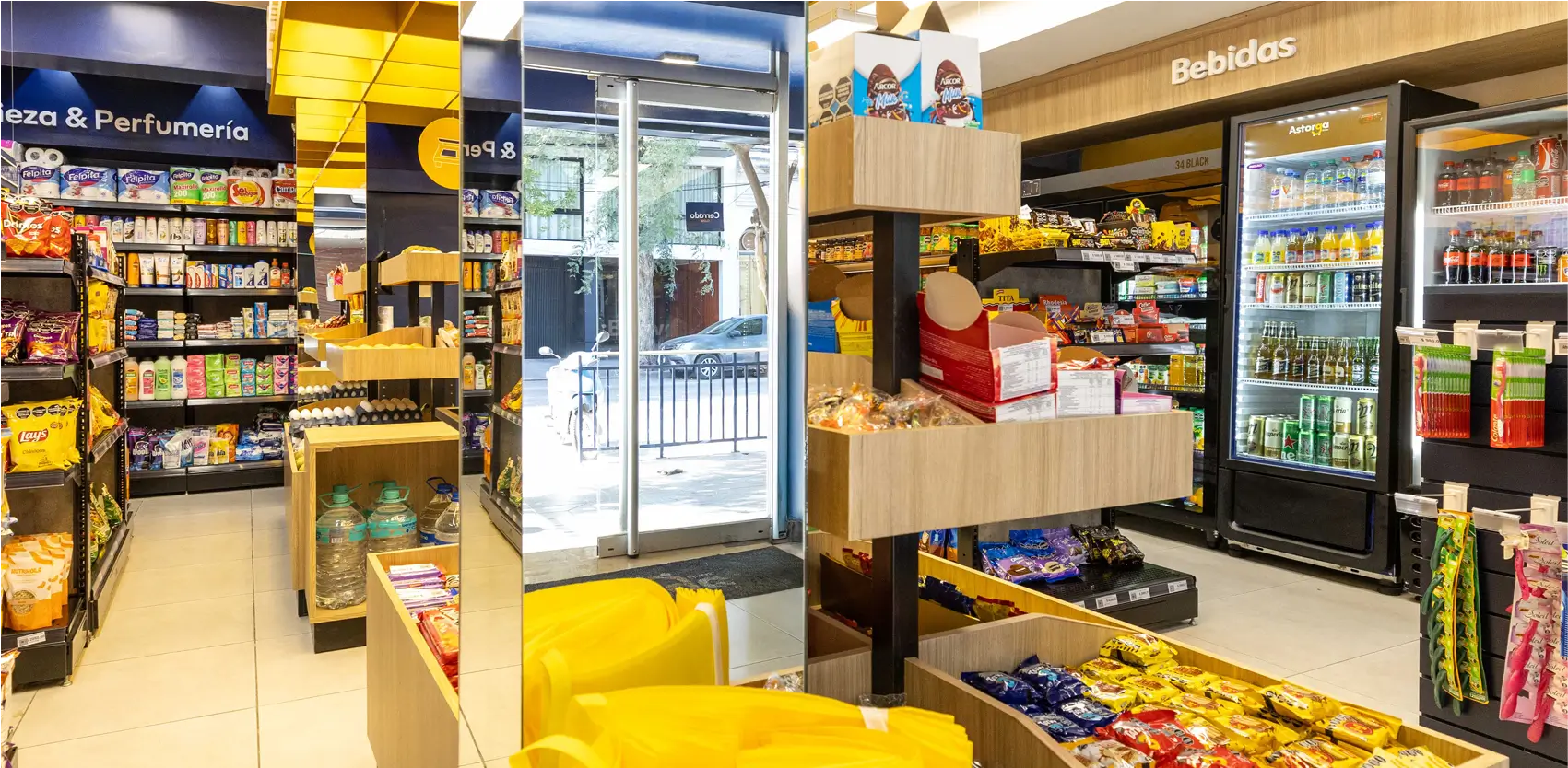 Corredor comercial en supermercado con góndolas y exhibidores Moduace organizando el recorrido y destacando productos
