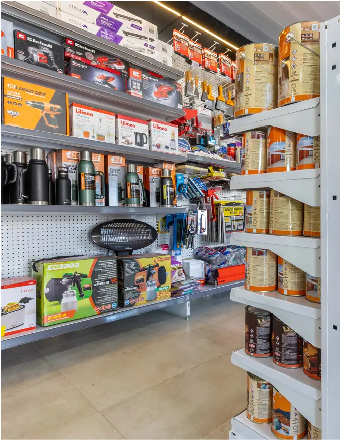 Estanterías Heavy Duty para ferreterías con exhibición de pinturas, herramientas y equipamiento de hogar