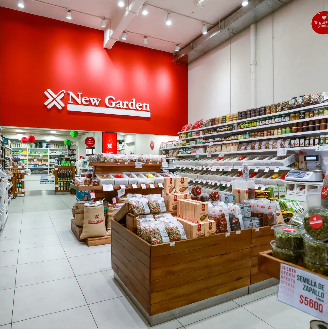 Vista general de tienda New Garden con góndolas murales y exhibidores de madera